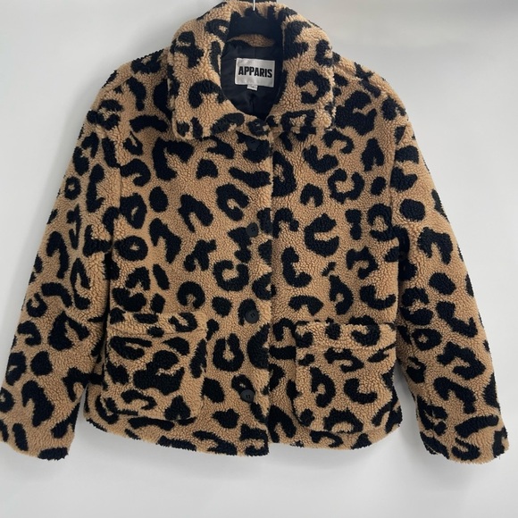 APPARIS anthropologie Animal Print Leopard cheetah Faux Fleece Teddy Jacket xs - Picture 1 of 13